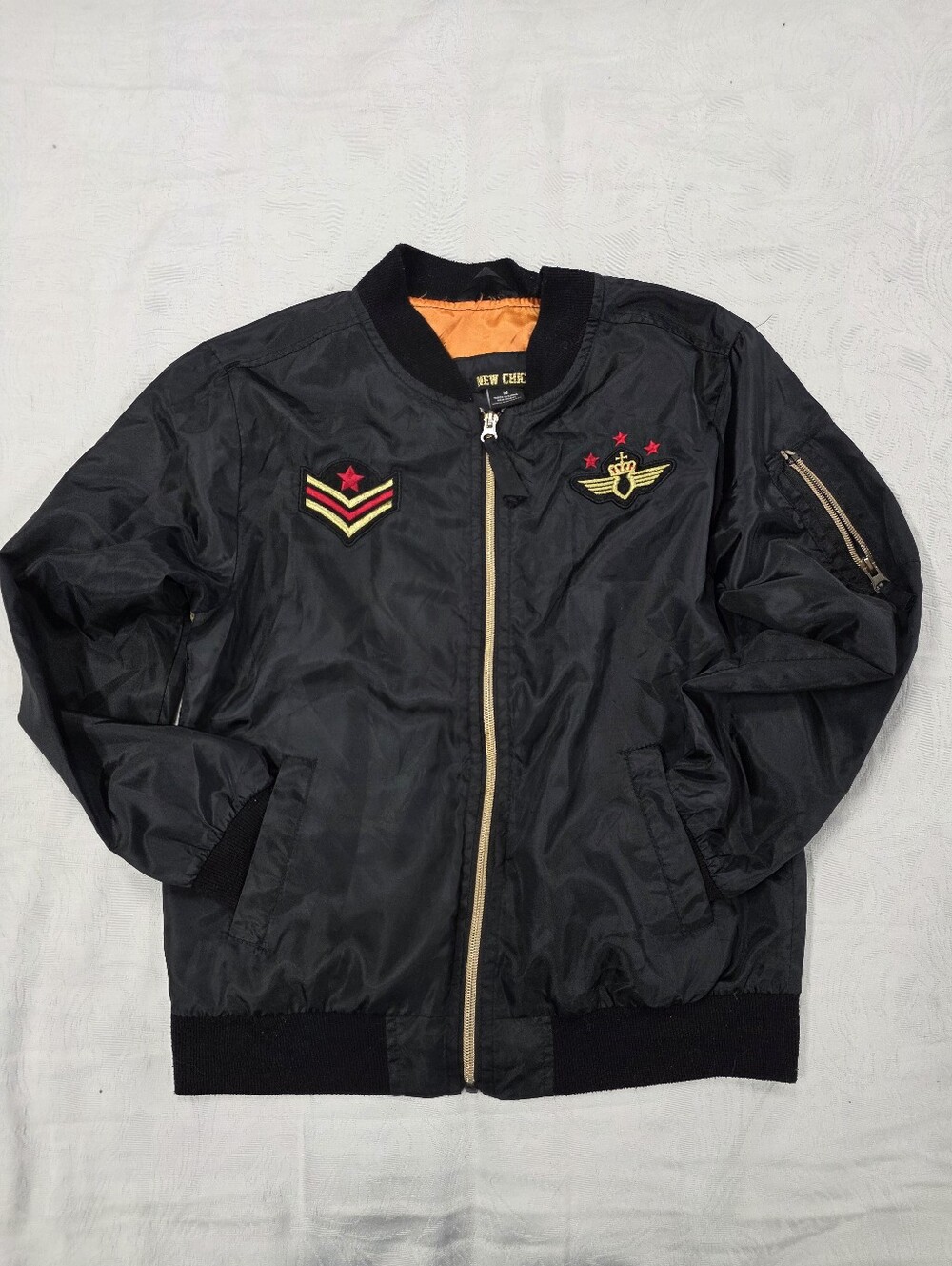 Newchic Black Aviator Bomber Jacket Embroidered Patches Size 14 (Runs Small)